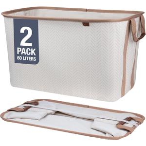 CleverMade Collapsible Laundry Basket Hamper - LUXE Cream Herringbone 2Pack 60L -SpaceSaving Storage Organizer with Handles Foldable Home Organization