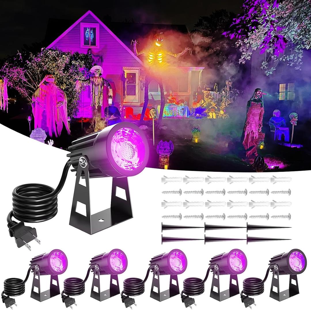 Black Light Spotlight,3W Halloween LED Black Light, IP67 Waterproof UV Blacklight with 5.9Ft Cord & Stake, Fluorescent Party, Poster, Garden, Yard, Stage Decor, 6 Pack