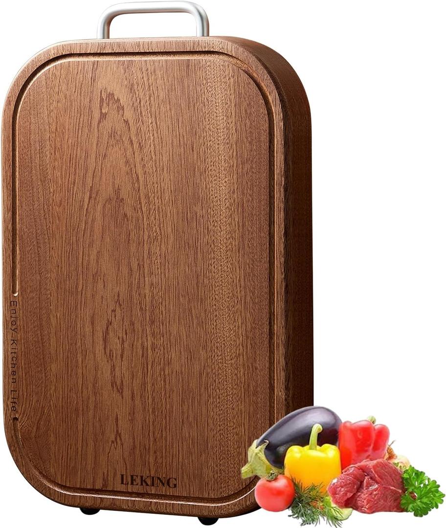 Leking Premium Solid Ebony Wood Cutting Board for Kitchen - 14.5"x9.5"x1" Double Sided Butcher Block, Thick Chopping Board with Juice Groove & Non-Slip Feet, Food Grade Serving Board for Meat Veggie