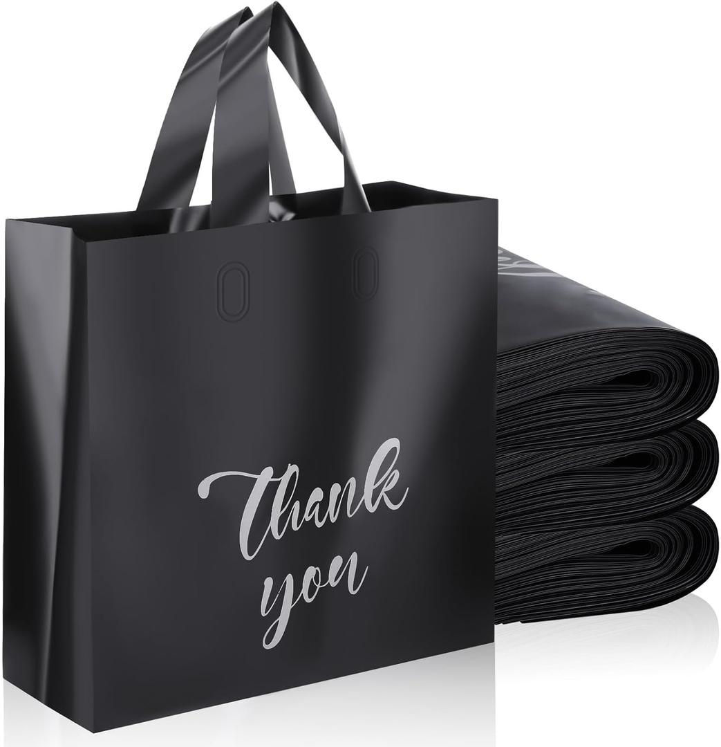 Yeaqee 100 Pcs Thank You Bags 8 x 10 Inches Extra Thick Shopping Bags with Handles Black Frosted Reusable for Boutique Merchandise Retail Small Business Parties Favors Goodies
