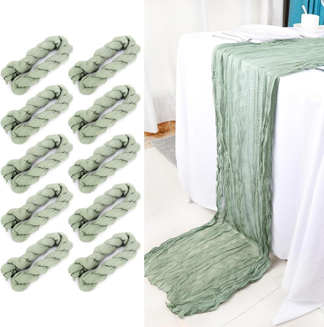 Wigenius Fall Table Runner 10 Pack Sage Green Cheesecloth Table Runners 35 X 120 Inch Boho Restic Gauze Tablerunner for Wedding Party Baby Shower Decoration