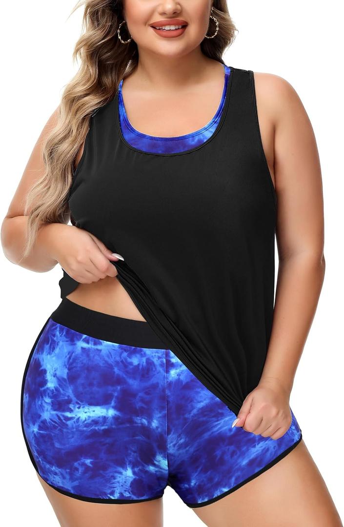 NIeyook Plus Size Swimsuit for Women 2024 Tummy Control Bathing Suit 3 Piece Athletic Tankini Swimsuits with Boyshorts Blue Tie Dye 18 Plus/ 3XL