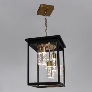 LED 5CCT Large Outdoor Pendant Light Fixtures, Exterior Hanging Lantern LED Integrated Bulbs Included for Porch Patio Yard Garden, Outside Hanging Lamp in Black & Brushed Brass