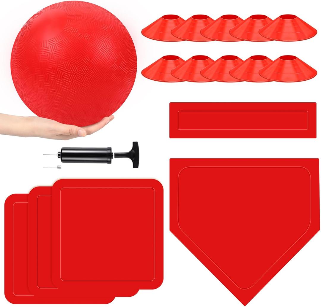 Hiboom 16 Pcs Sports Kickball Set Includes 10 Inches Playground Ball 5 Rubber Throw Down Bases Ball Pump 10 Foul Line Cones for Kids Adults Playground School Backyard Game Camps Picnic (Green, S)