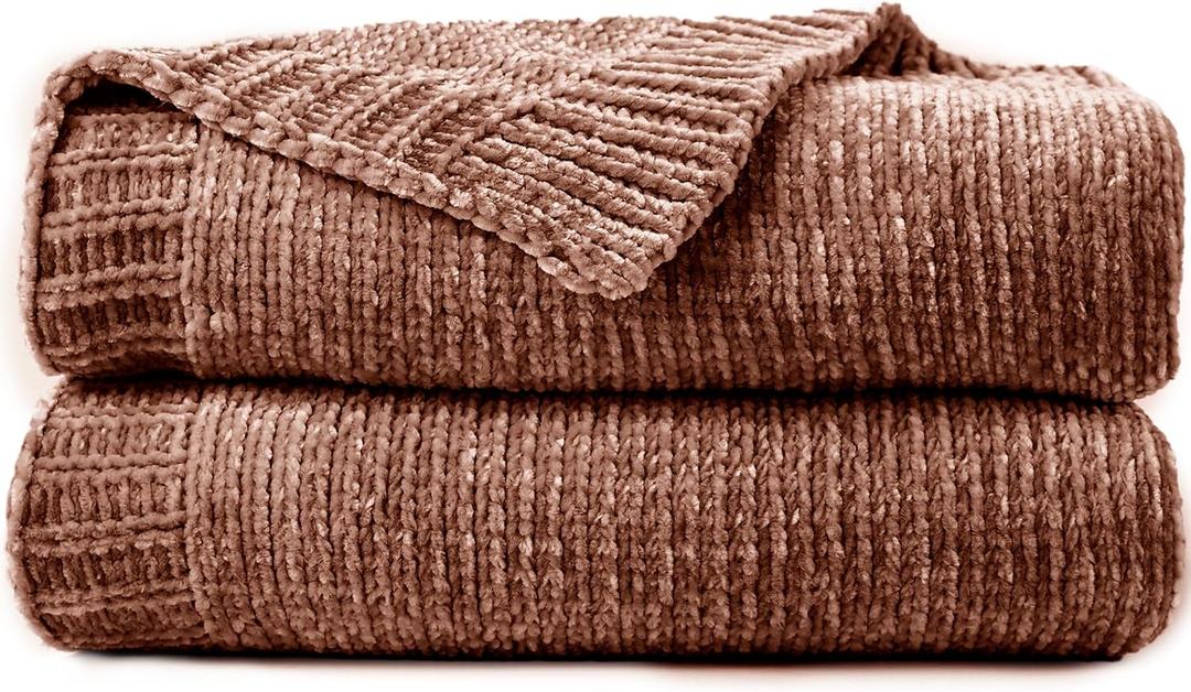 Chenille Throw Blanket for Couch, Cozy Soft Blanket Lightweight Decorative Throw for Living Room Sofa Chair, Stylish Home Decor, Ideal for Gifting, Brown 50"x60"