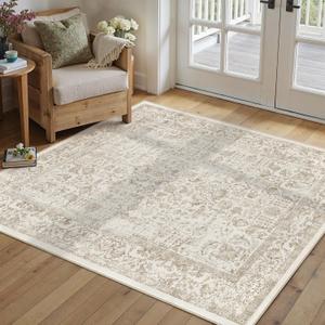 PureCozy Light Brown Area Rug 4x5 Office Entryway Rug Machine Washable Kitchen Vintage Distressed Non Slip Carpet Indoor Retro Floral Accent Throw Door Mat for Bathroom Bedroom Dining Living Room