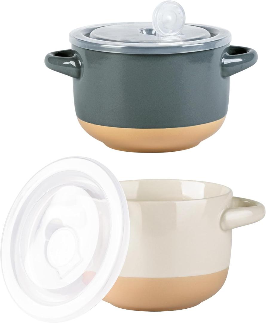 AmorArc 24 Ounces Soup Bowls with Large Handles and Lids, Stoneware Bowls Set of 2 for Soup, Cereal, Stew, Noodle, Colourful Ceramic Kitchen Bowls, Microwave&Dishwasher Safe, Grey&Beige