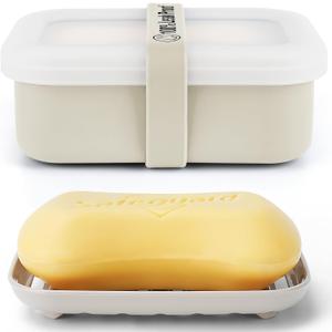 Compact Leakproof Travel Soap Case with Lid & Silicone Strap - Portable Draining Soap Bar Holder for Gym, Bathroom, Camping - Lightweight Silicone Soap Dish Container (Off-White)