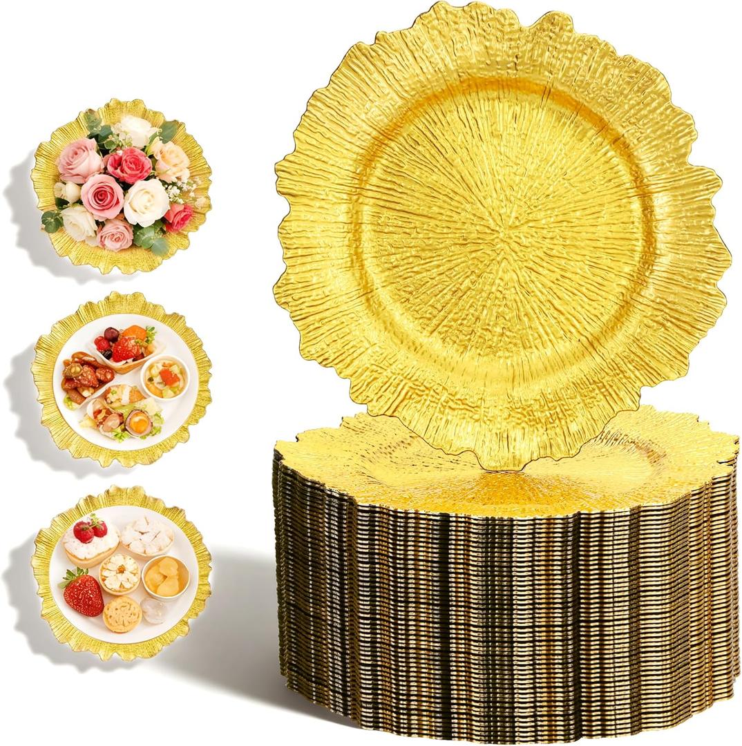 Gold Charger Plates Bulk 100Pcs, 13 Inch Gold Reef Charger Plates for Dinner Plates, Reinforced PP Plastic Reusable Dinner Chargers for Wedding, Christmas, Thanksgiving, Party, Caterers, Banquets