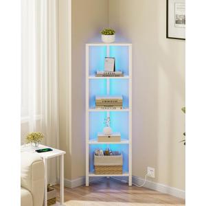 TUTOTAK Corner Shelf with LED Light, 5-Tier Corner Bookshelf for Small Space, Narrow Display Corner Shelf Stand with Storage Rack, for Living Room, Bedroom, White
