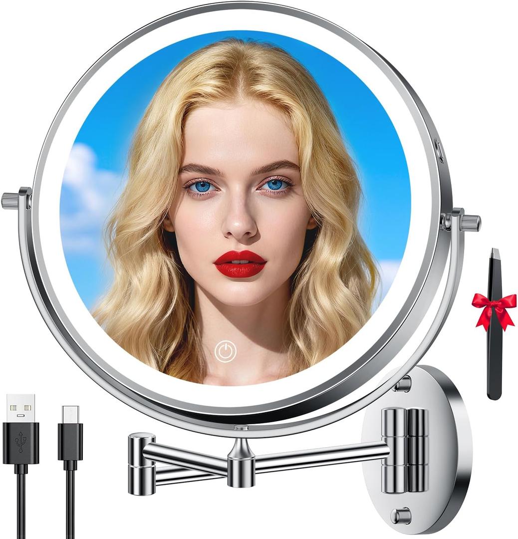 10'' 30X/1X Wall Mounted Lighted Makeup Mirror, 5000mAh Rechargeable Double-Sided Magnifying Mirror with Light, LED Vanity Mirror Touch Dimmable 3 Colors 360 Rotation Extended Foldable Arm, Chrome
