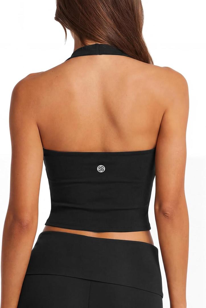 SUUKSESS Women Padded Halter Sports Bra Backless Longline Workout Crop Tank Tops (Black, S)