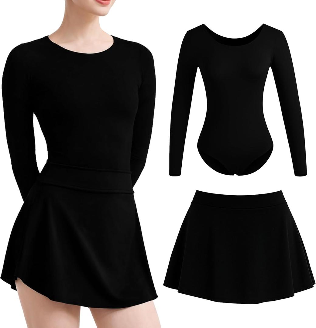 WYHDY Women Ballet leotard with Pull on Skirt,Round Neck Long Sleeve (Large, Black)