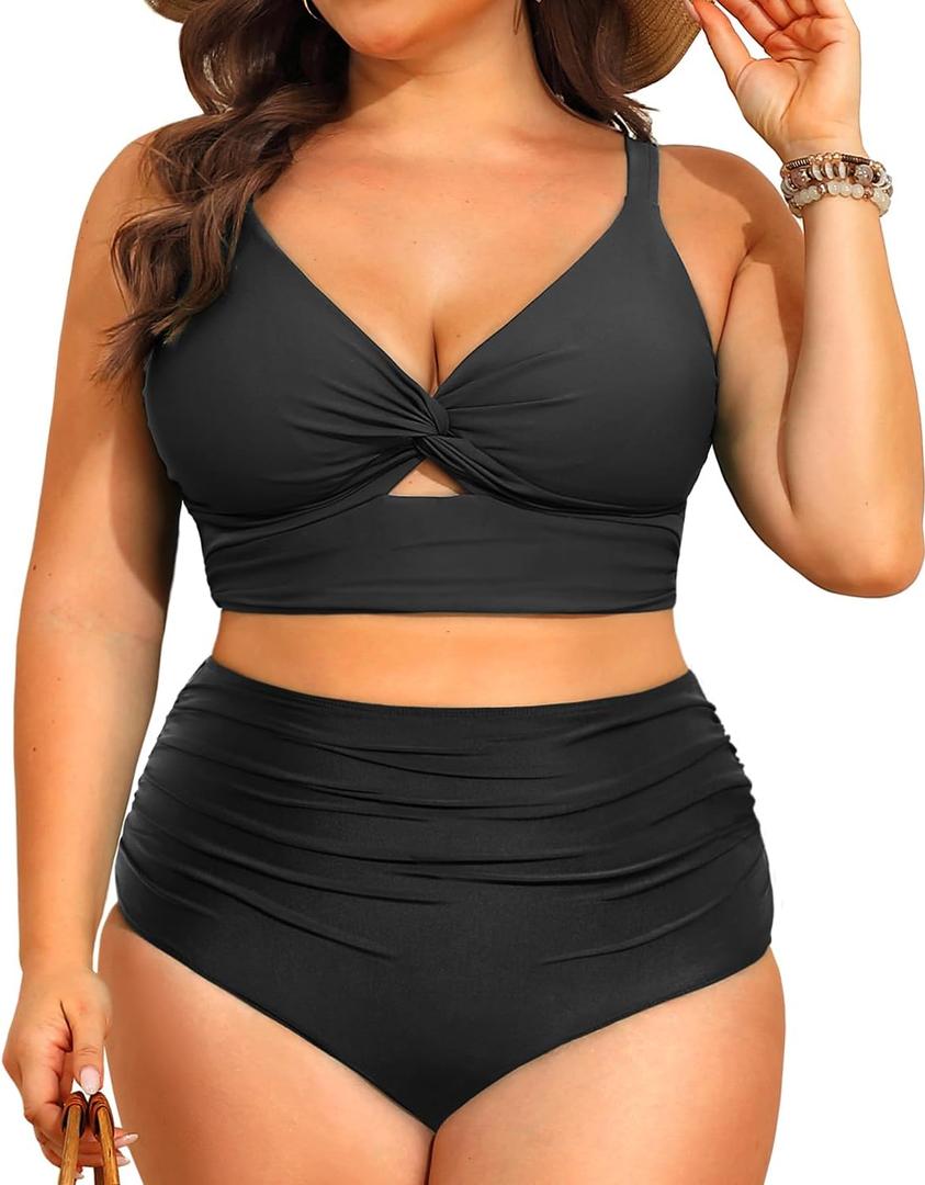 Daci Plus Size Two Piece Swimsuits - Women High Waisted Bikini Tummy Control Bathing Suits Knot Twist Swimwear 2025 (Medium, Black)