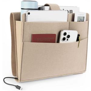 Seefoo Bedside Caddy, Large Bed Caddy Organizer with Cord Slit, Magazine Holder for Books, Remotes, Bunk Bed Storage Pocket with Strong-Grip Loop Tape Sticky for Dorm, Bedroom, Sofa Beige