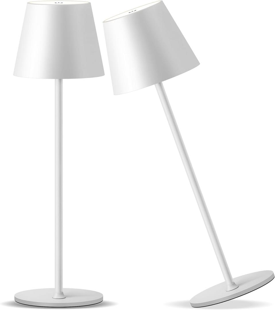Cordless Rechargeable Table Lamp Set of 2, 4000mAh Battery Powered LED Desk Lamp, 3 Color Stepless Dimming Up, Portable Table Light Lamp for Bedroom Restaurant Outdoor (White)
