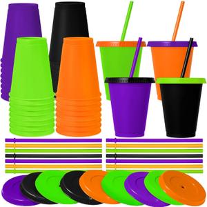 Skylety 16 Pcs Plastic Cups with Lids and Straws 16 oz Plastic Cups Coffee Reusable Tumbler Water Bottle Holiday Christmas Party Supplies Gifts for Drinking Coffee Cocoa(Halloween Color)