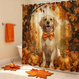 Fall Dog Shower Curtain Rustic Maple Forest Pumpkin Fallen Leaf Country Autumn Natural Landscape Cute Animal Polyester Fabric Bathroom Decor 7070 Inch with Hook (Yellow)