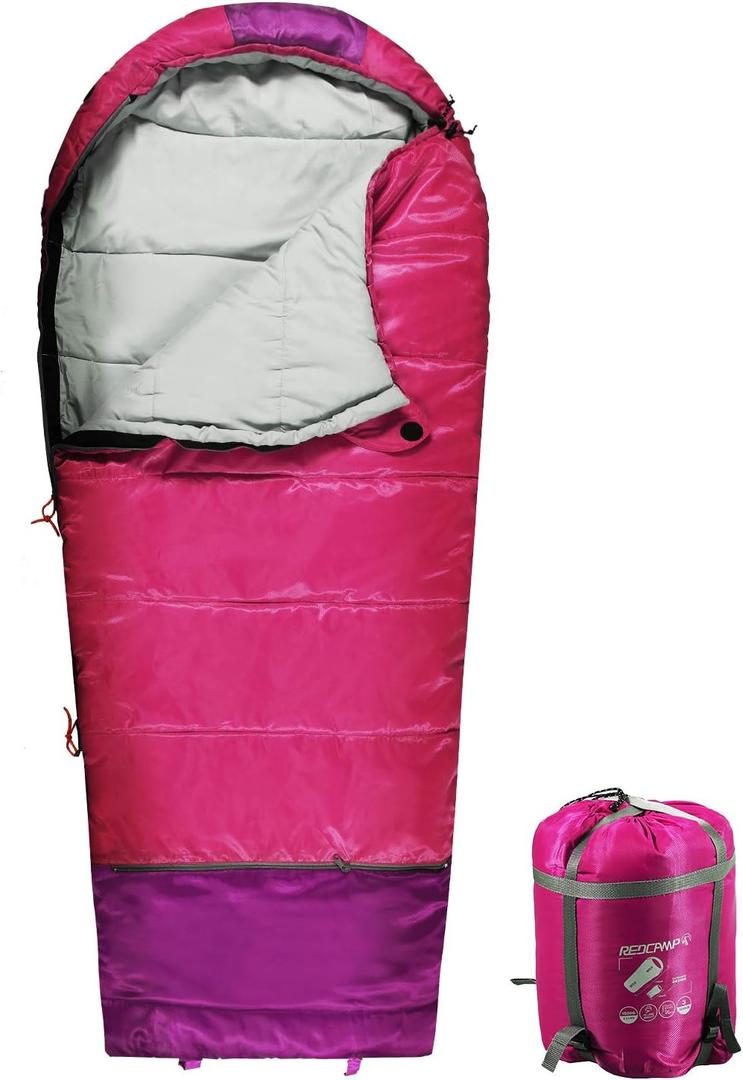 REDCAMP Kids Mummy Sleeping Bag for Camping, 3 Season Cold Weather Sleeping Bag Fit Boys,Girls & Teens, Blue/Rose Red (Pink with 3.3lbs Filling)