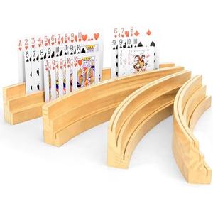 BOBOKA Playing Card Holders for Kids Adults Seniors, Set of 4 Curved Wood Cards Holders for Playing Cards, 3 Tiers, Hands Free Cards Holders for Family Card Game Night, Canasta, Bridge, Poker Parties