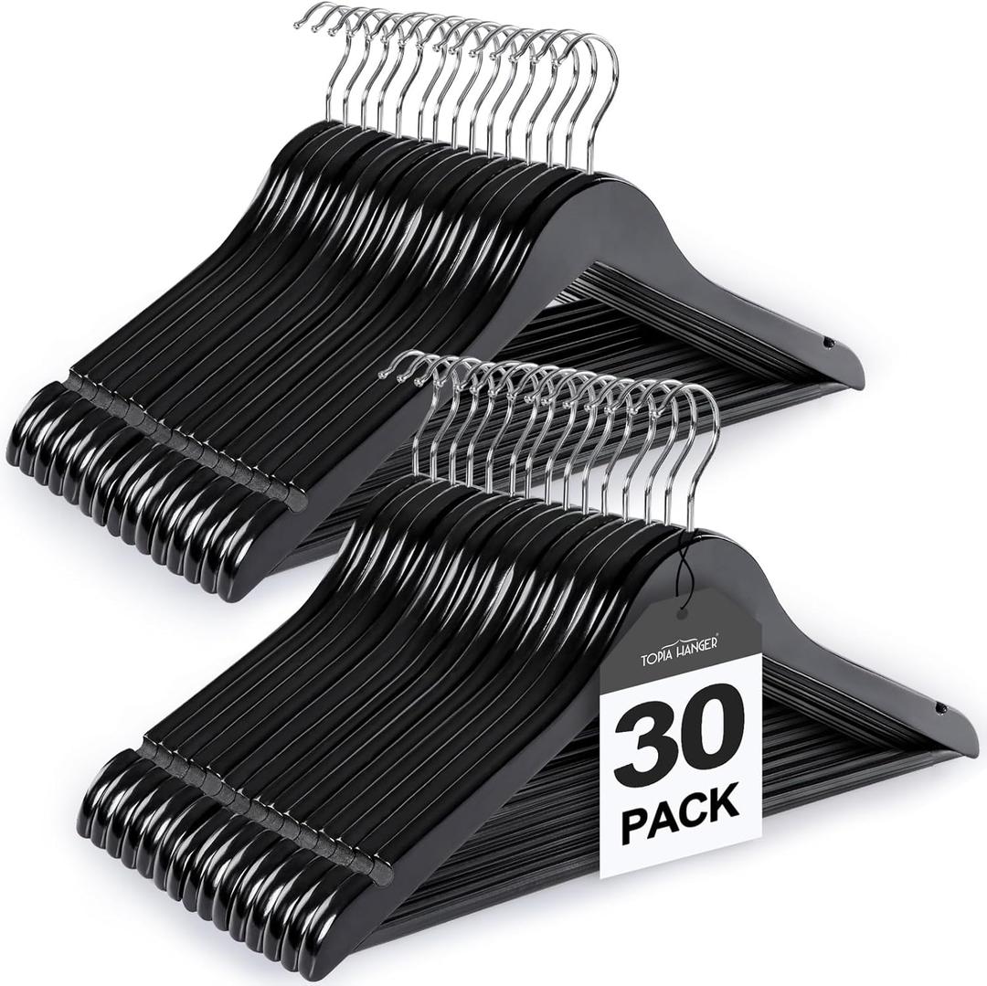 TOPIA HANGER Wooden Coat Hangers 30 Pack, Black Wood Suit Hangers with Non Slip Pants Bar, 360 Swivel Hook and Shoulder Notches for Camisole, Jacket, Pants, Smooth Finish Clothes Hangers -CT34B30