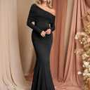 GLNEGE Off The Shoulder Fall Wedding Guest Formal Dress Long Sleeve Ruched Bodycon Maxi Cocktail Party Dresses for Women (Black, S)