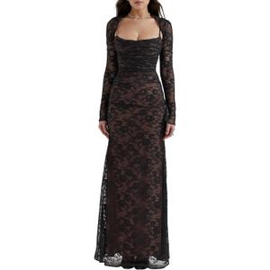 Women Cami Lace Maxi Dress Romantic Long Sleeve Lace Bodycon Dresses Elegant (Large, Black) Women Cami Lace Maxi Dress Romantic Long Sleeve Lace Bodycon Dresses Elegant (Large, Black)