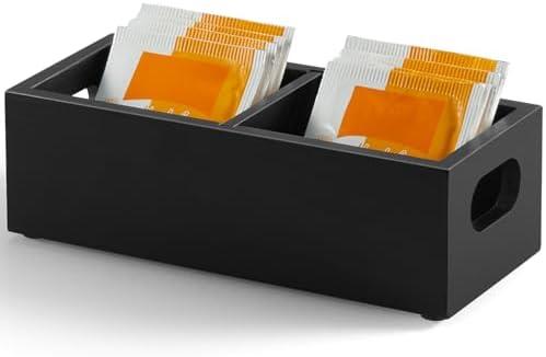 YCXNBHH Tea Bag Organizer, Wood Tea Bag Holder with 2 Slots, Wide Compartments for Tea Bags, Tea Caddy, Tea Bar Accessories, Black