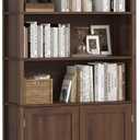 TVU Bookshelf and Bookcase with Doors, 5 Open Shelves & 2 Door Storage Cabinet, 77.2" Tall Freestanding Book Shelf for Living Room, Home Office, Bedroom, Walnut, 6 Tier