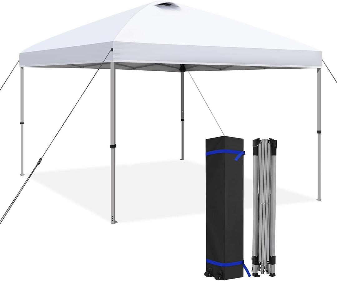HYPER VENTURE 10x10ft Pop Up Canopy Tent with One Push Setup, Portable Outdoor Event Shelter with Rolling Carry Bag for Camping, Beach, Market, Patio (White)