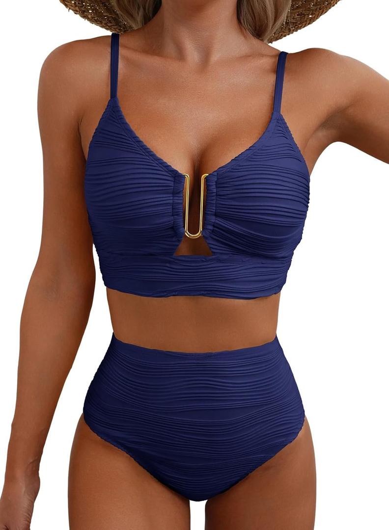 Herseas 2 Piece Bikini Set U-Wire Cutout Popular Swimsuit High Waisted Textured 2026 Summer Beach Swim Bathing Suits (Blue, L)