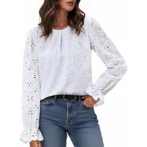 IWH Womens Eyelet Tops Dressy Casual Long Sleeve Pleated Blouses 2025 Trendy Fall Crewneck Embroidered Lace Shirts (Large, White)