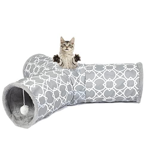 LUCKITTY Geometric 3 Way Cat Tunnel with Plush Inside,Cats Toys Collapsible Tunnel Tube with Balls, for Rabbits, Kittens, Ferrets,Puppy and Dogs