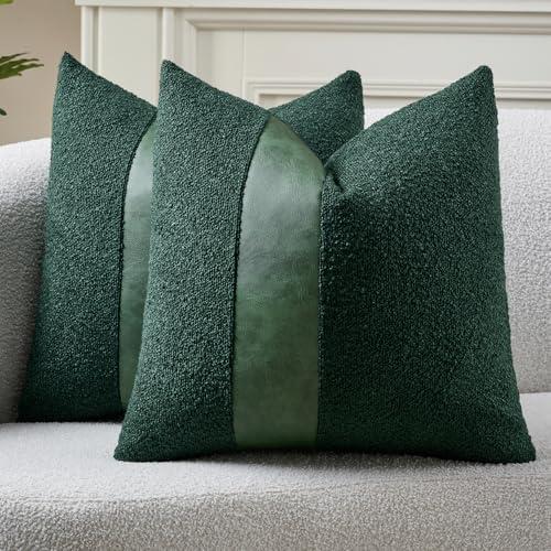 Pack of 2 Faux Leather Boucle Throw Pillow Covers 18"x18" Dark Green Chic Accents Textured Square Decorative Pillow Cases for Living Room Couch Bed Farmhouse Boho Home Decor