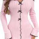 RoseSeek Women's Bow Nightgowns Lettuce Trim Cold Shoulder Slip Dress Ribbed Knit Sleepwear (Pink, M)