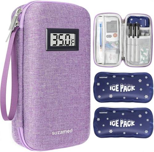 suzamed Insulin Cooler Travel Case,EVA Insulation Travel Medicine Kit with Temperature Display for Diabetes Care,Insulin Pen and Other Diabetic Supplies (Purple-Temp)