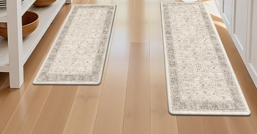 Pauwer Anti Fatigue Kitchen Floor Mats Set of 2, PVC Foam Padded Kitchen Rugs, Non Slip Cushioned Comfort Standing Mat, Waterproof Sink Rug for Small Kitchen Area, Laundry Room, Khaki