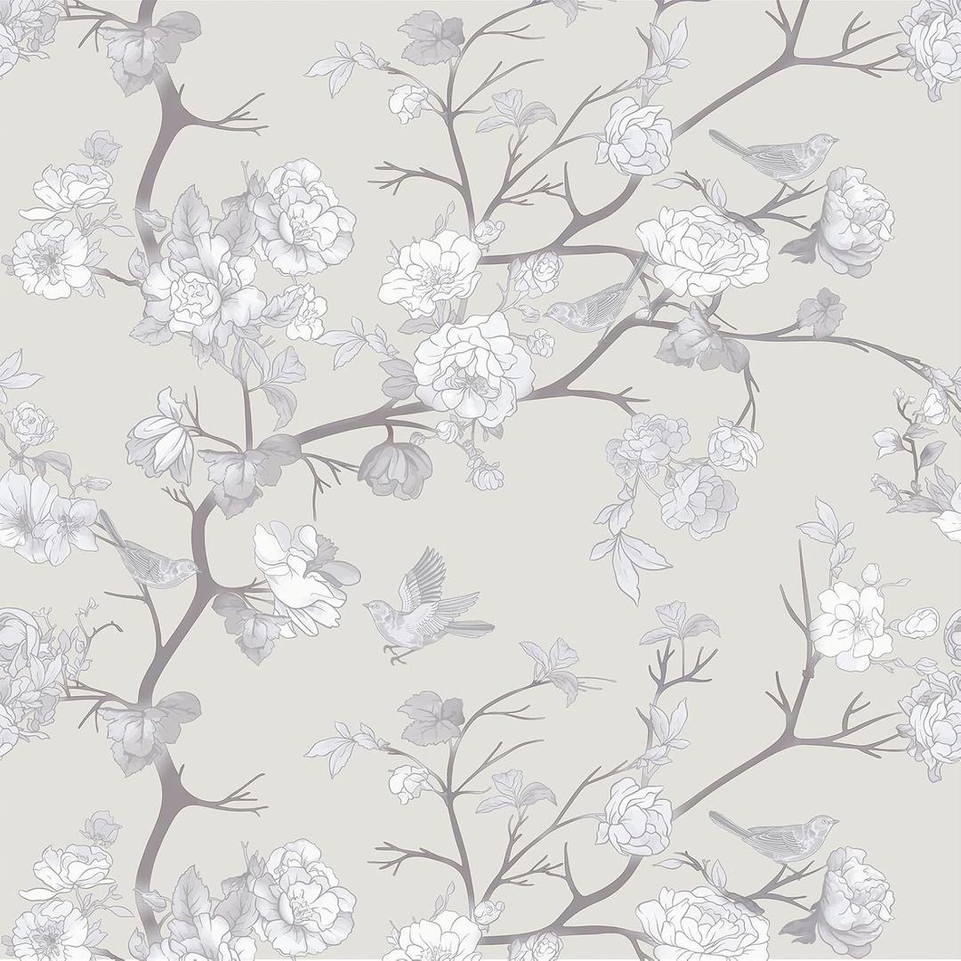 Kitico Vintage Floral Peel and Stick Wallpaper, Neutral Chinoiserie Removable Wallpaper for Bedroom, Living Room, Accent Wall  Self Adhesive, Waterproof, Repositionable Vinyl 17.7"x78" (Gray)