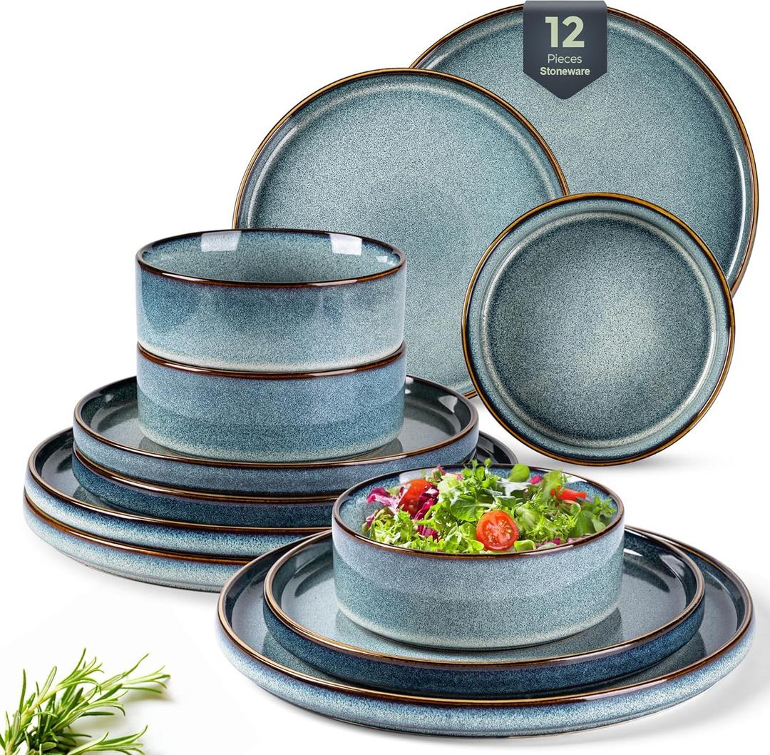 GBHOME Ceramic Dinnerware Sets for 4, 12 Pieces Stoneware Plates and Bowls Sets, Reactive Glaze Dishes -Scratch Resistant, Dishwasher&Microwave Safe (Cyaneus)