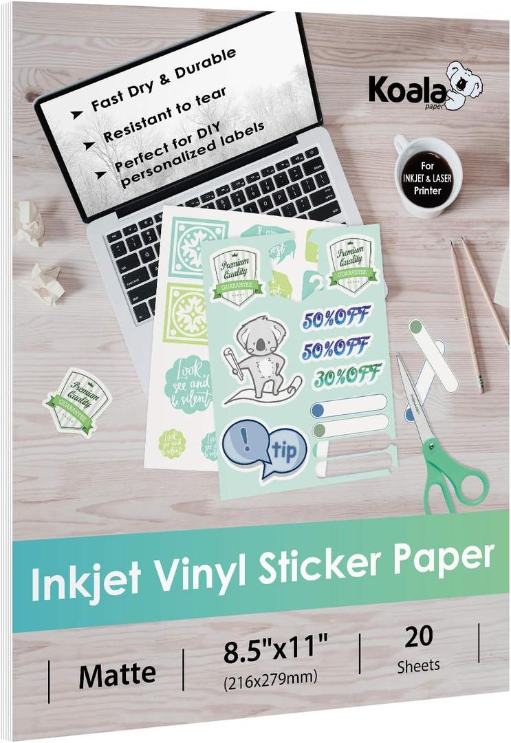 Koala Printable Vinyl Sticker Paper for Inkjet Printer - 20 Sheets Matte White Vinyl Sticker Paper, Waterproof Sticker Paper 8.5x11 Inch, Work with Cutting Machine