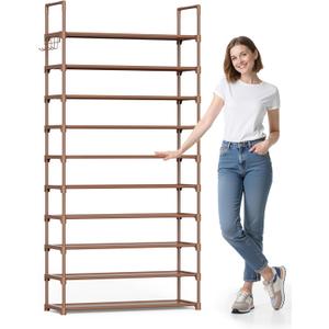 Kitsure Shoe Rack for Closet - 10-Tier Shoe Organizer with Hook Rack, Large-Capacity & Space-Saving Shoe Shelf for Entryway, Bedroom, Living Room,32.2" x 11.8" x 68.5", Brown