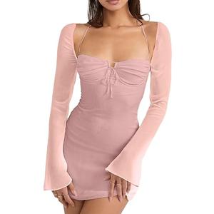 Zebaexf Women's Mesh Dress Long Puff Sleeve Mini Bodycon Sweet Neck Party Mini Dresses for Women (Medium-Large, Mesh-white)