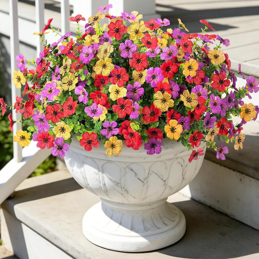 Artificial Flowers for Outdoors Potted Spring Decor, 12 Bundles Fake Summer Daisy with Realistic Eucalyptus Leaves, Faux Plants for Greenery Boxwood Porch Patio Garden Pot Lawn(Red Purple Yellow)