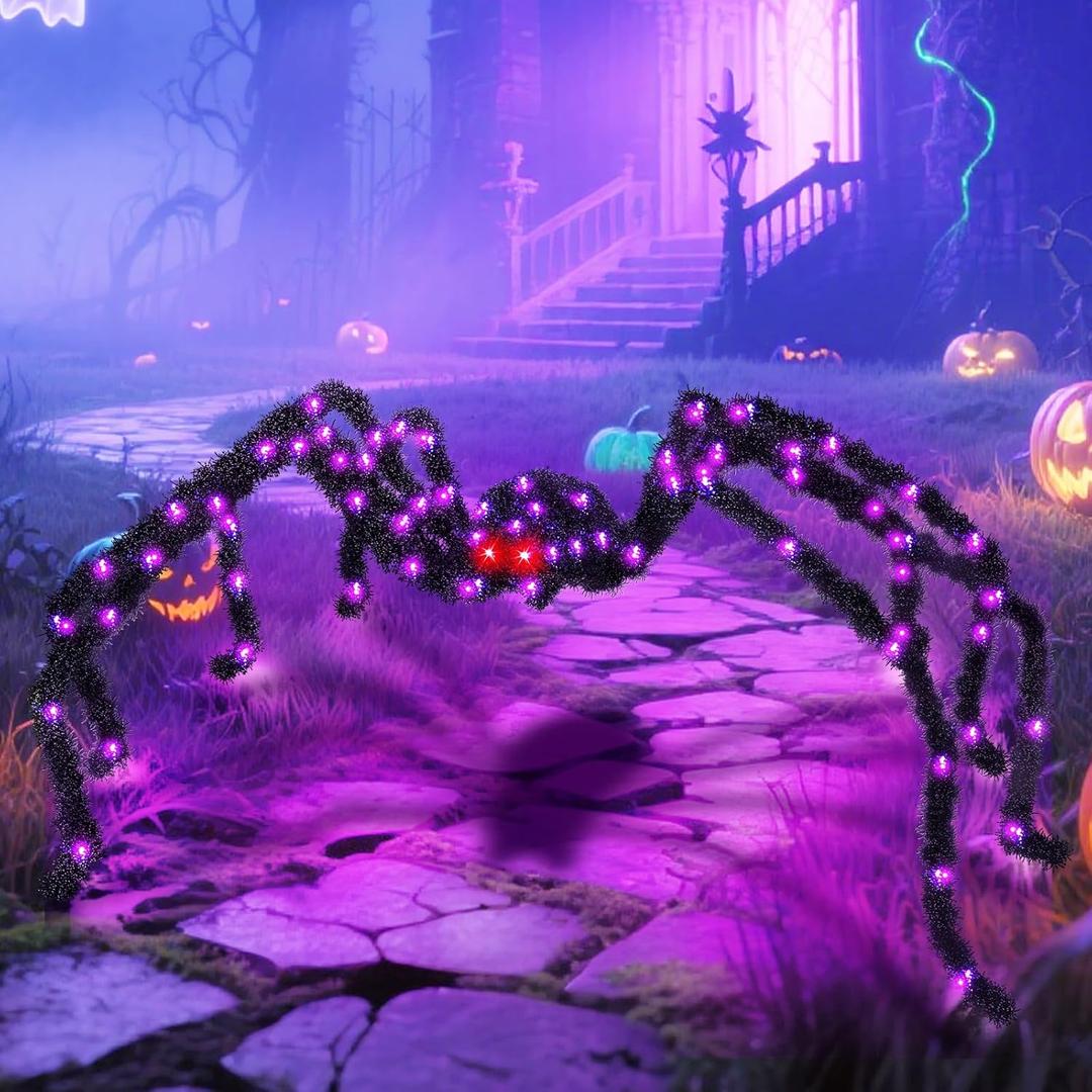 Halloween Spider Lights with Timer 73 LED Giant Fuzzy Spider Halloween Decor for Indoor Outdoor Halloweens Decorations Yard Porch Haunted House Scary Spider Web Display