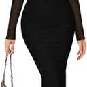DAAWENXI Women's Fall Long Sleeve Midi Dress Mesh Square Neck Ruched Bodycon Wedding Guest Party Dresses (Black) S