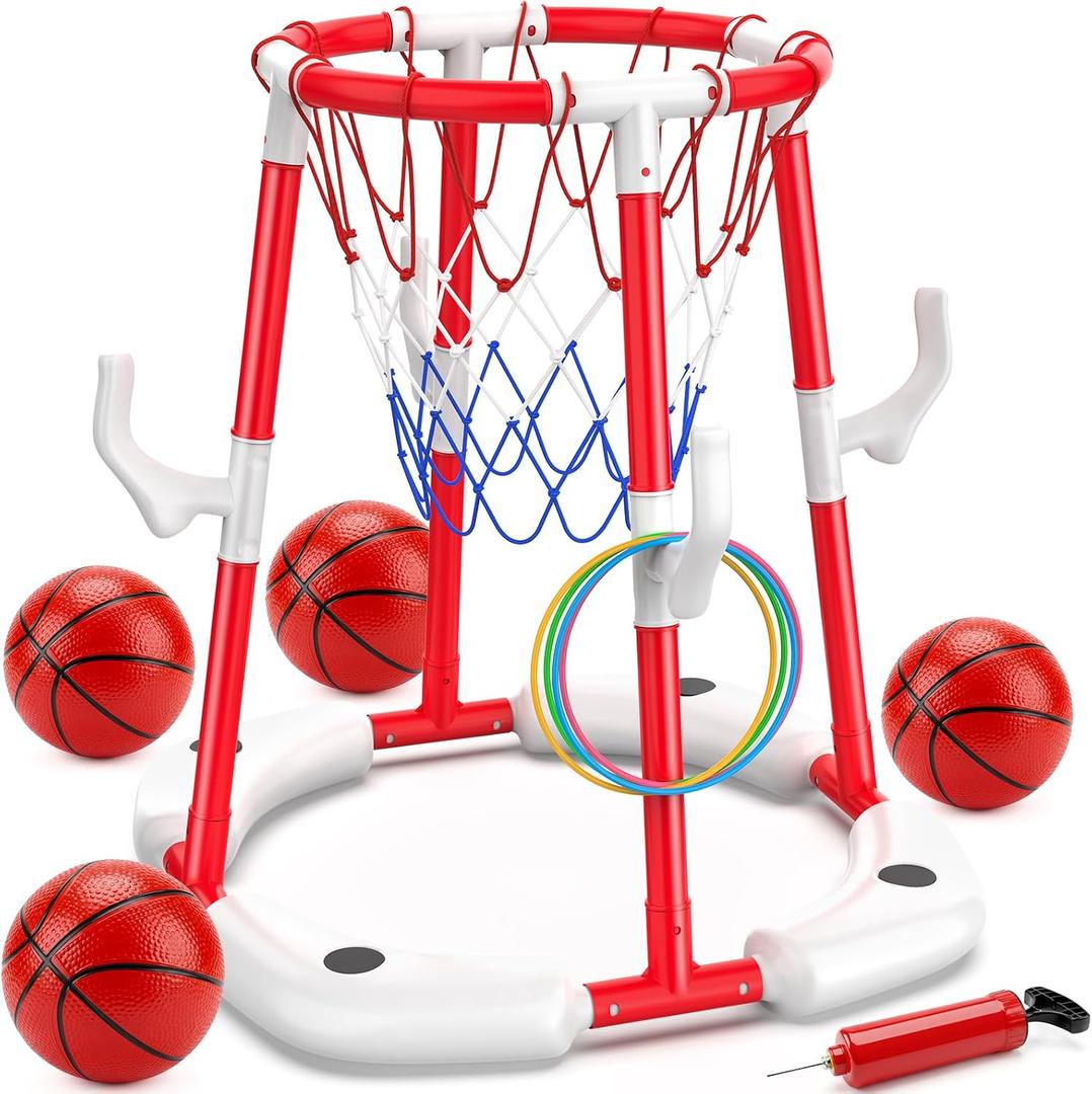 Floating Pool Basketball Hoop, 2-in-1 Basketball Pool Toys for Kids with 4 Balls 12 Rings, Summer Outdoor Swimming Pool Sports Game Water Play Toys for Kids Age 3-12