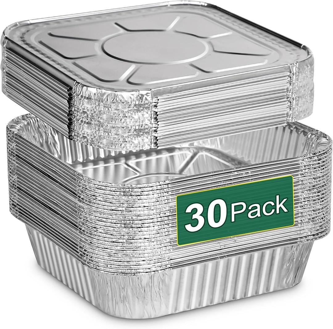 8x8 Aluminum Pans with Lids - 30 Pack Disposable Baking Square Aluminum Foil Pans with Covers - Tin Foil Pans for Air Fryer, Oven, Cooking, 30PCS + Lids