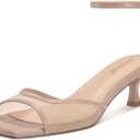 ISNOM Womens Mesh Kitten Heels Sandals Square Toe Ankle Buckle Strap Low Heels Comfort Summer Dress Shoes (8, Matte Nude)