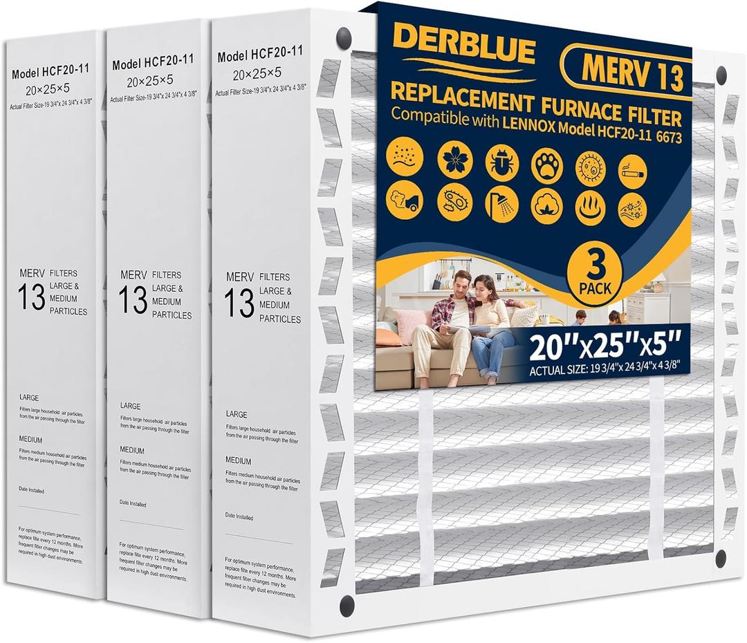 DerBlue 3PACK 20x25x5 MERV 13 Furnace Filter Replacement Compatible with Lennox X6673 HCF20 Pleated HVAC,Foldable Design for Easy Installation & Space-Saving (Actual Size: 19.75 x 24.75 x 4.38 In)