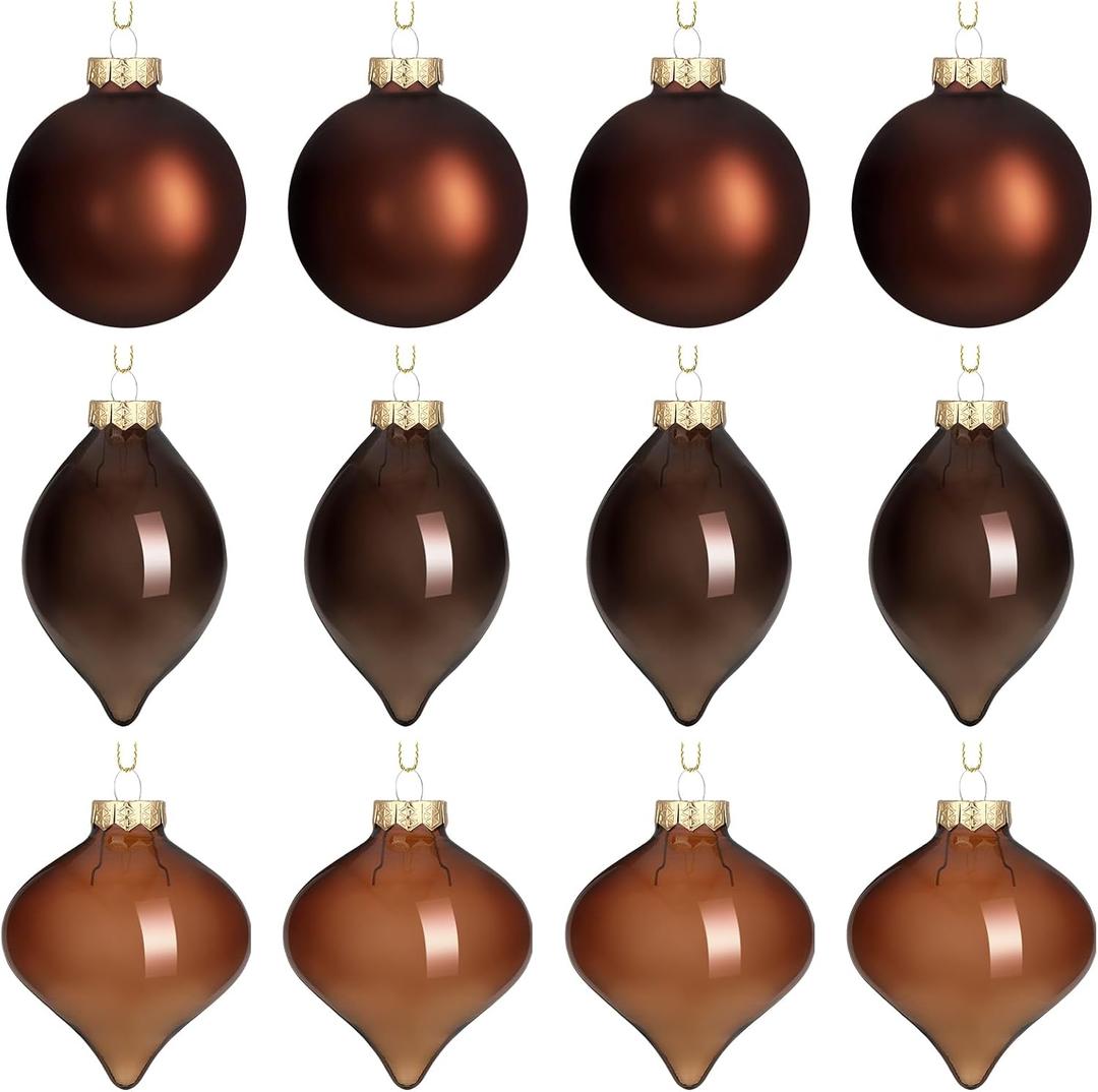 Zomiboo 12 Pcs Brown Glass Christmas Ball Ornaments Set 3.15" Hanging Shatterproof Glass Bulbs for Christmas Tree Baubles Bulk for Holiday Xmas Tree Decorations Gifts